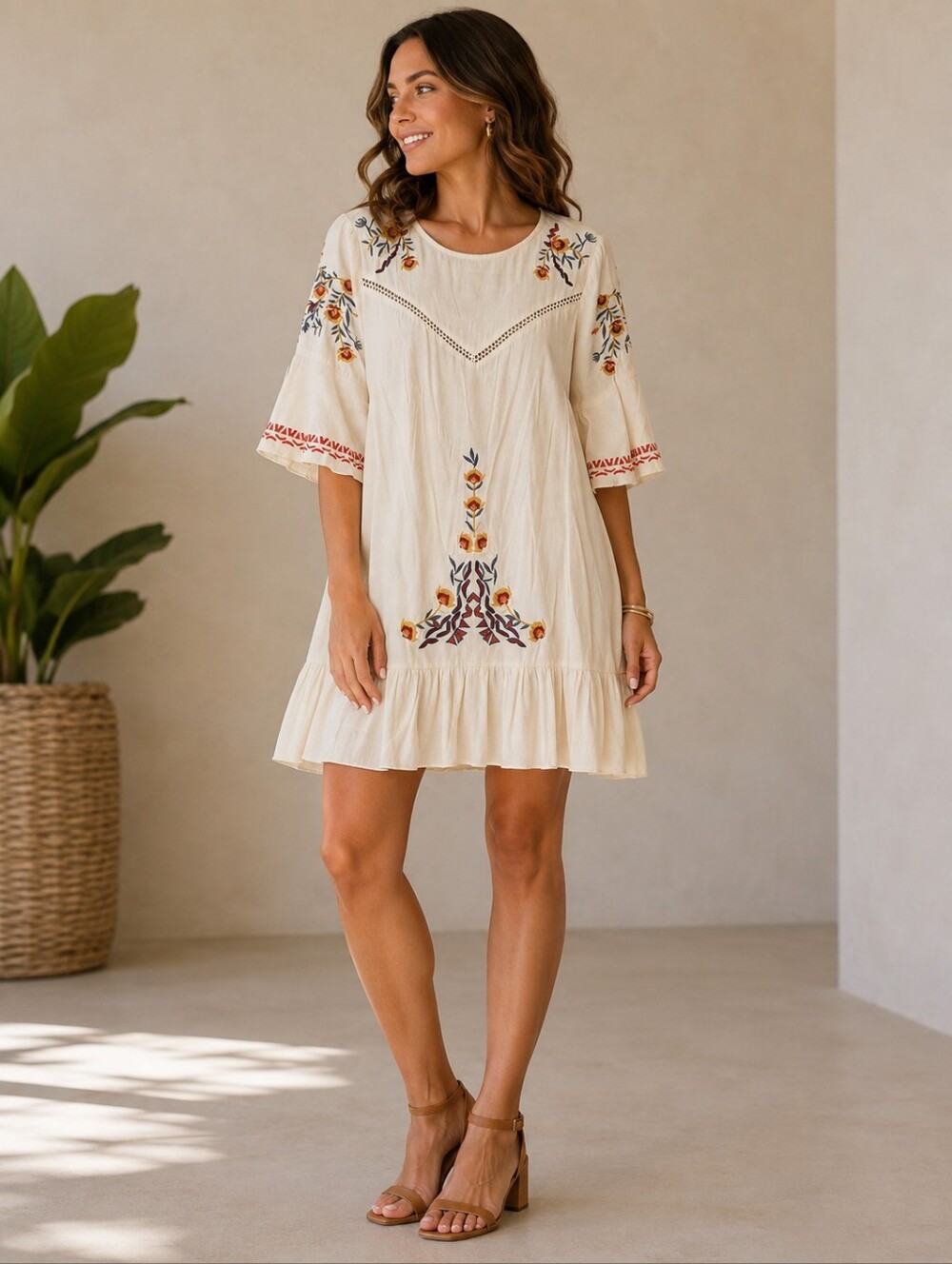 Funky Soul Women’s Large Cream Gauze Embroidered Boho Bell Sleeve Dress
